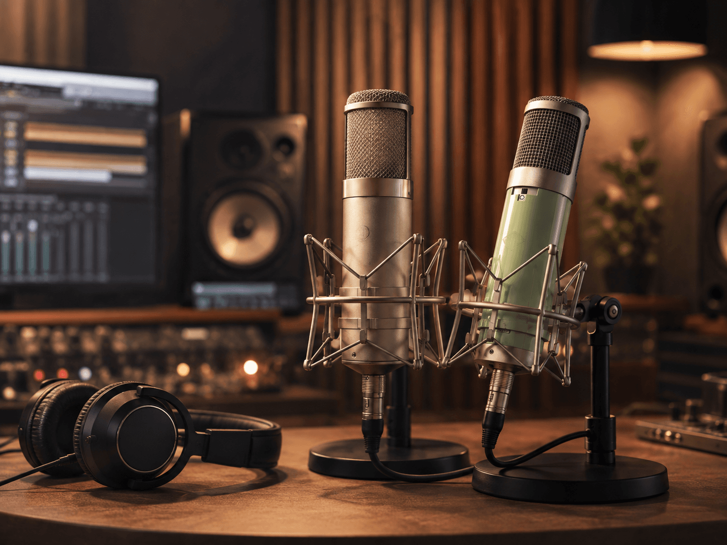 Twee grootmembraan condensatormicrofoons met popfilters in een studio