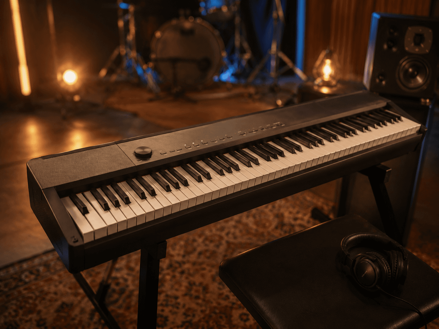 Stage piano op een standaard in een sfeervol verlicht podium