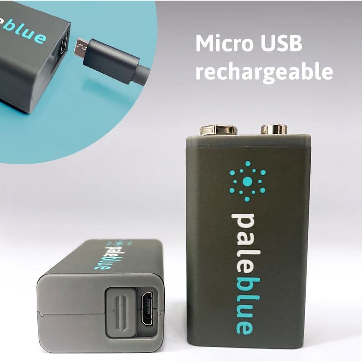 Li-ion Rechargeable 9V Battery 2 Pack Of 9V w/ 2x1 Charging Cable — Pale Blue