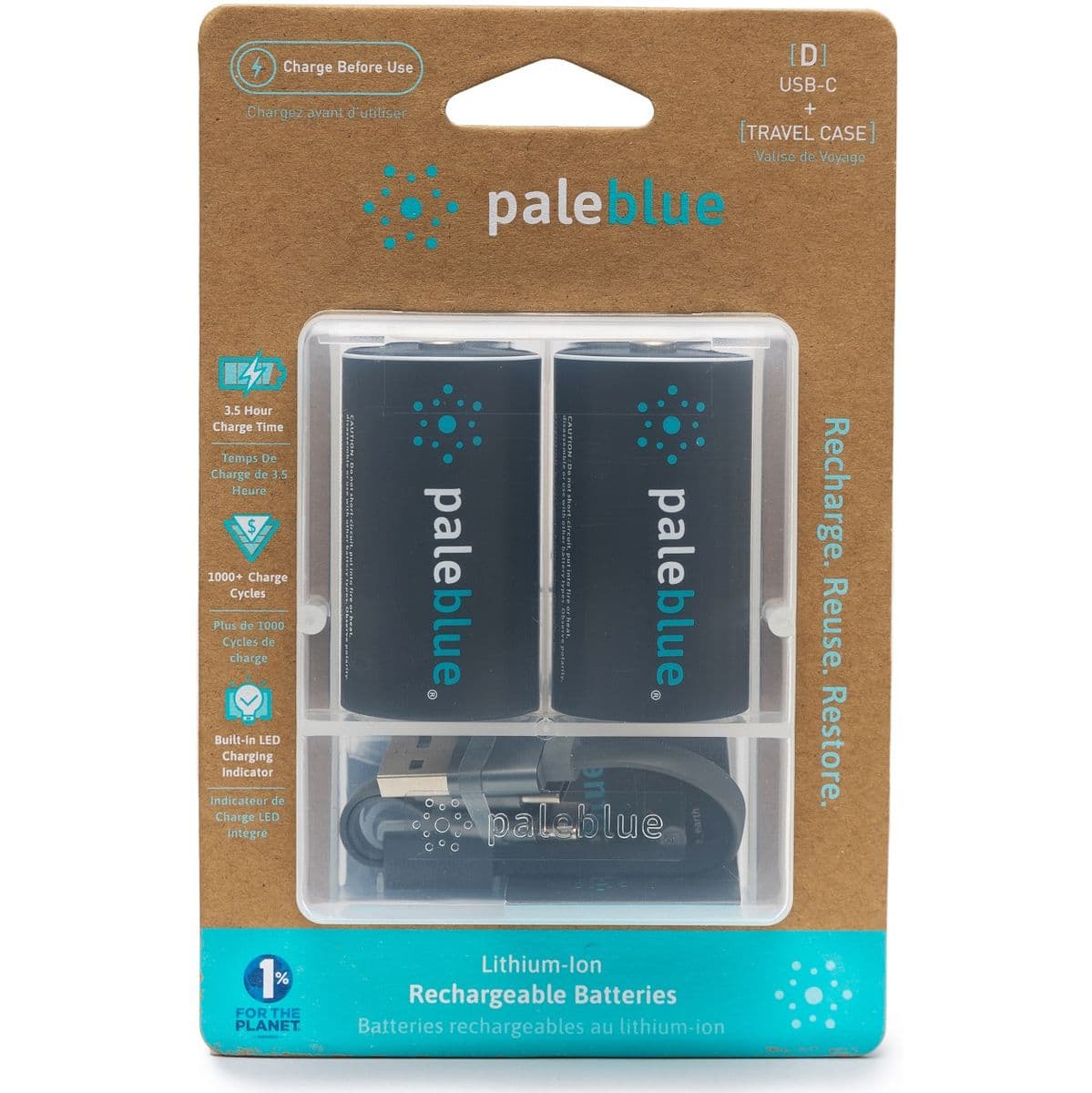 Li-ion Rechargeable D Battery 2 Pack Of Dcells w/ 2x1 USB-C Cable — Pale Blue