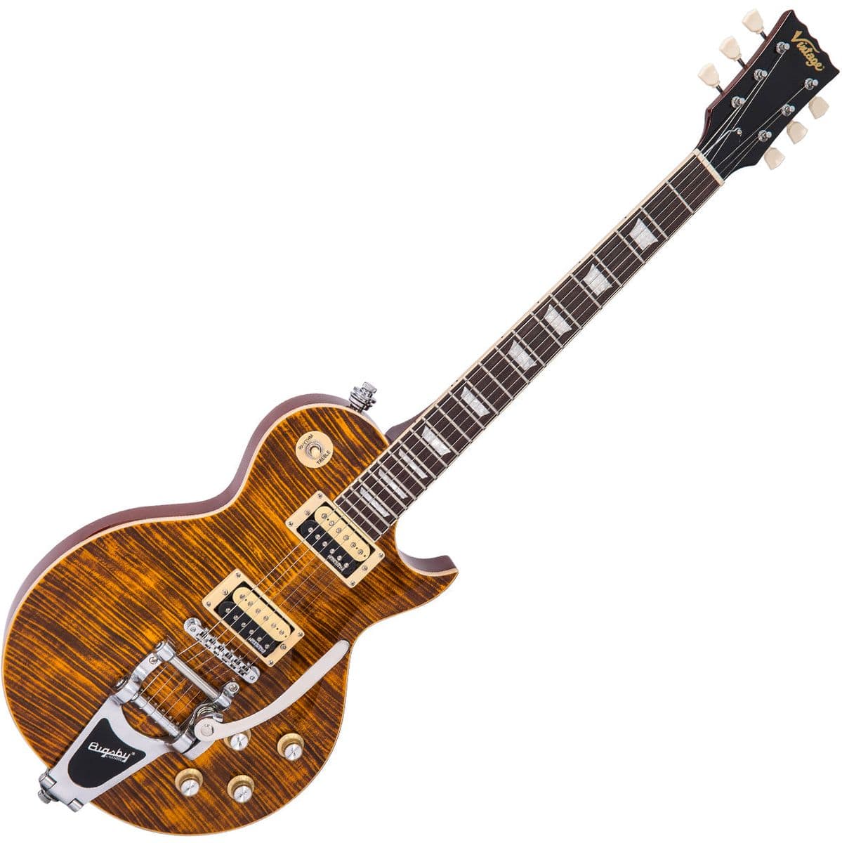 V100 Guitar - Amber Flamed Maple w/ Bigsby — Vintage