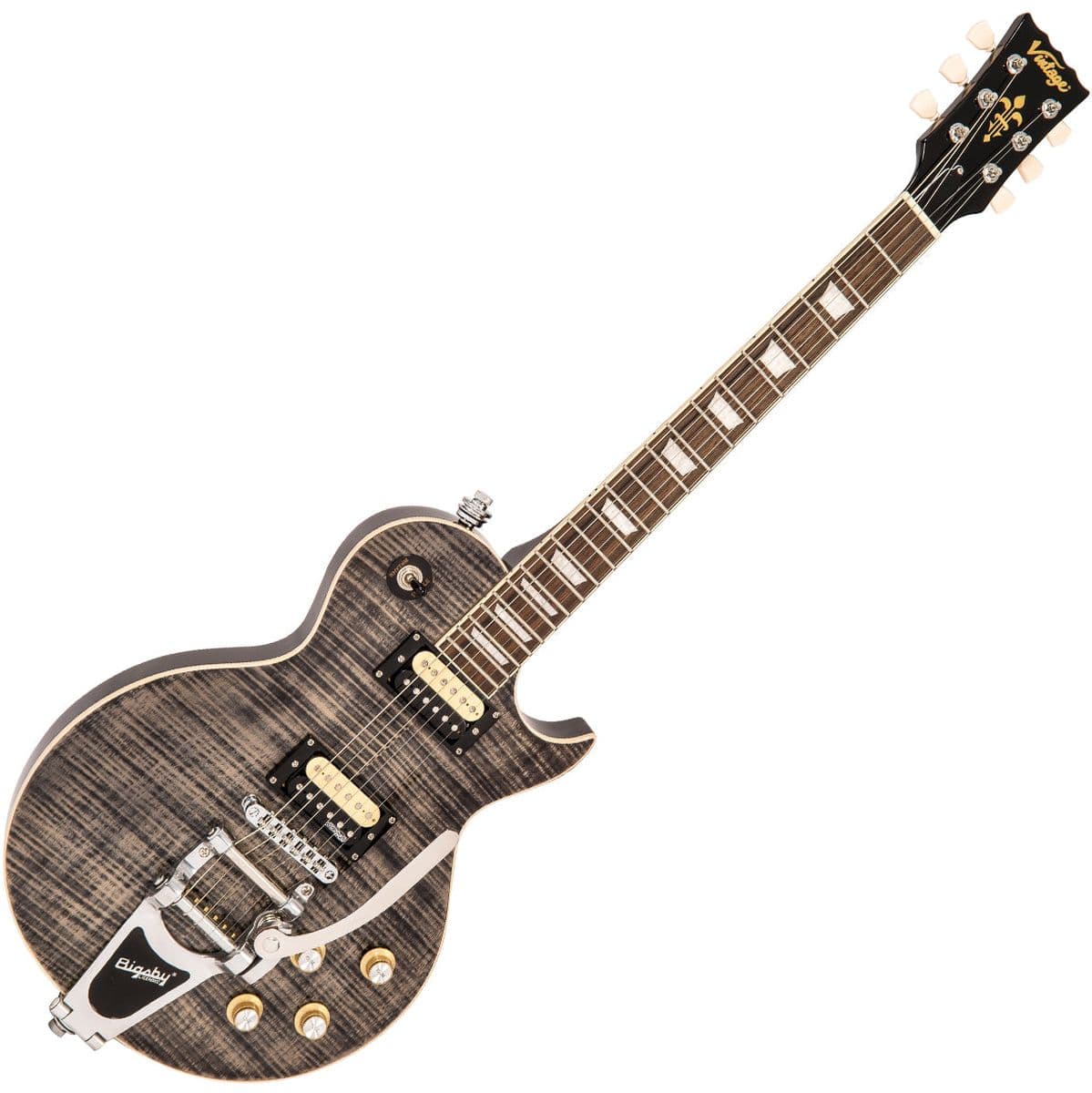 V100 Guitar - Black Flamed Maple w/ Bigsby — Vintage