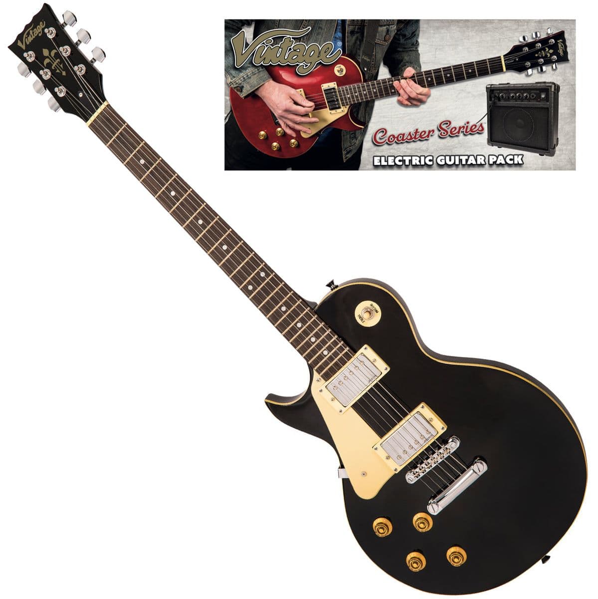 V10 Coaster Left Handed Electric Guitar Pack - Gloss Black — Vintage