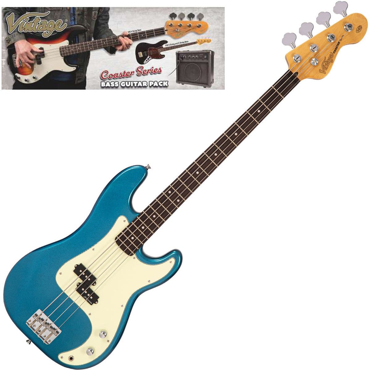 V40 Coaster Bass Guitar Pack - Candy Apple Blue — Vintage