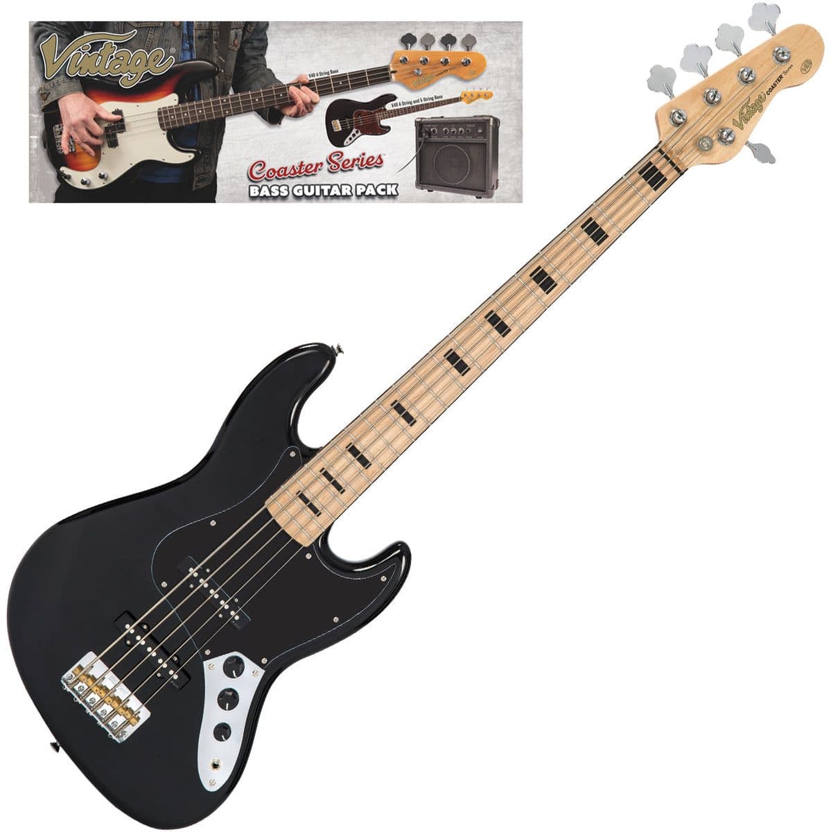V495 Coaster 5 String Bass Guitar Pack - Gloss Black — Vintage