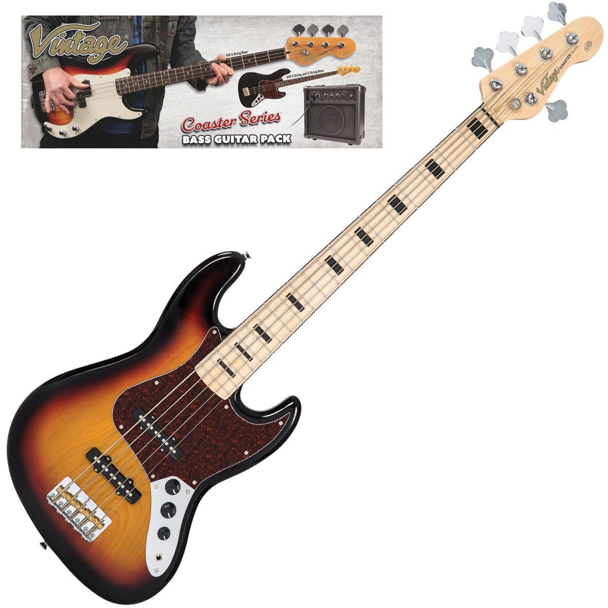 V495 Coaster 5 String Bass Guitar Pack - 3 Tone Sunburst — Vintage
